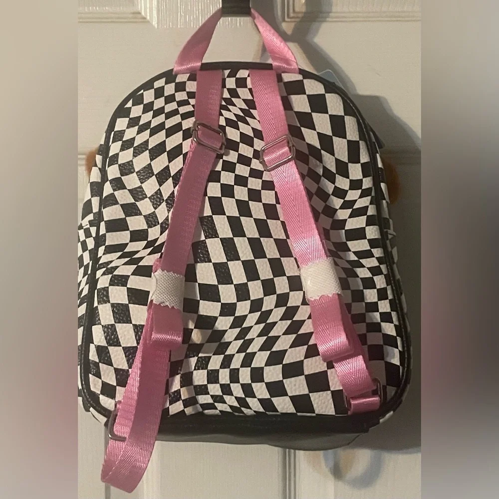 NWT Justice xNASCAR Girls Mini Racer Backpack Checkerboard Pink Multi Plush Ears